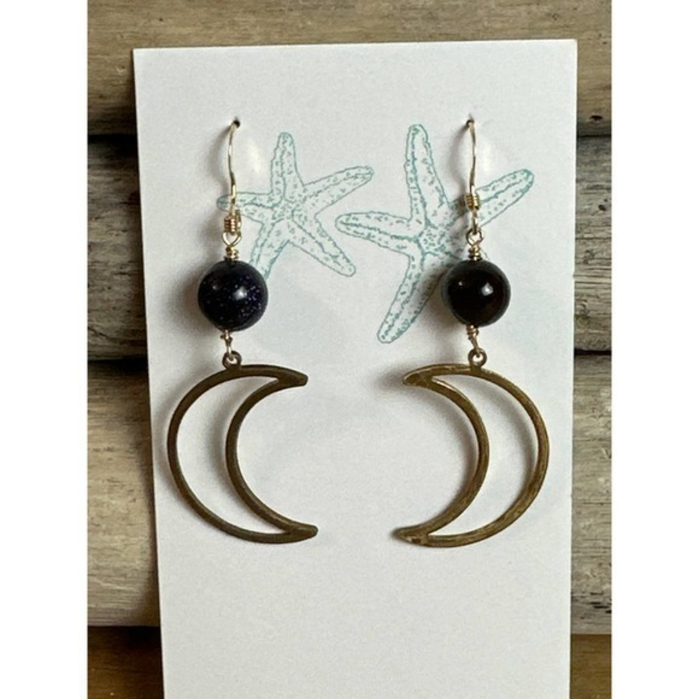 Handmade Crescent Moon Earrings, Gemstone‎ Earrings, Brass Earrings,